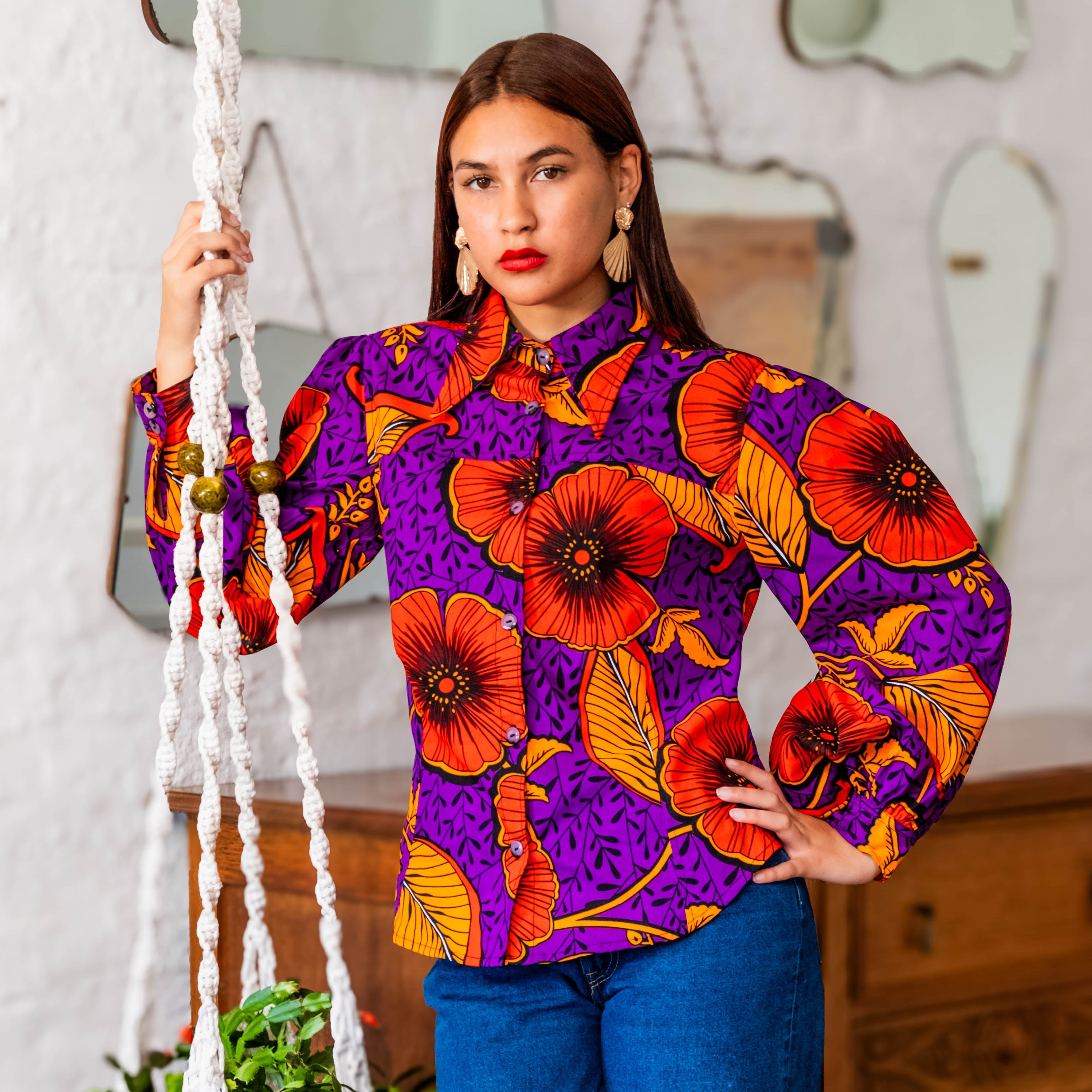 Petunia Flower Boho Balloon Sleeve Shirt
