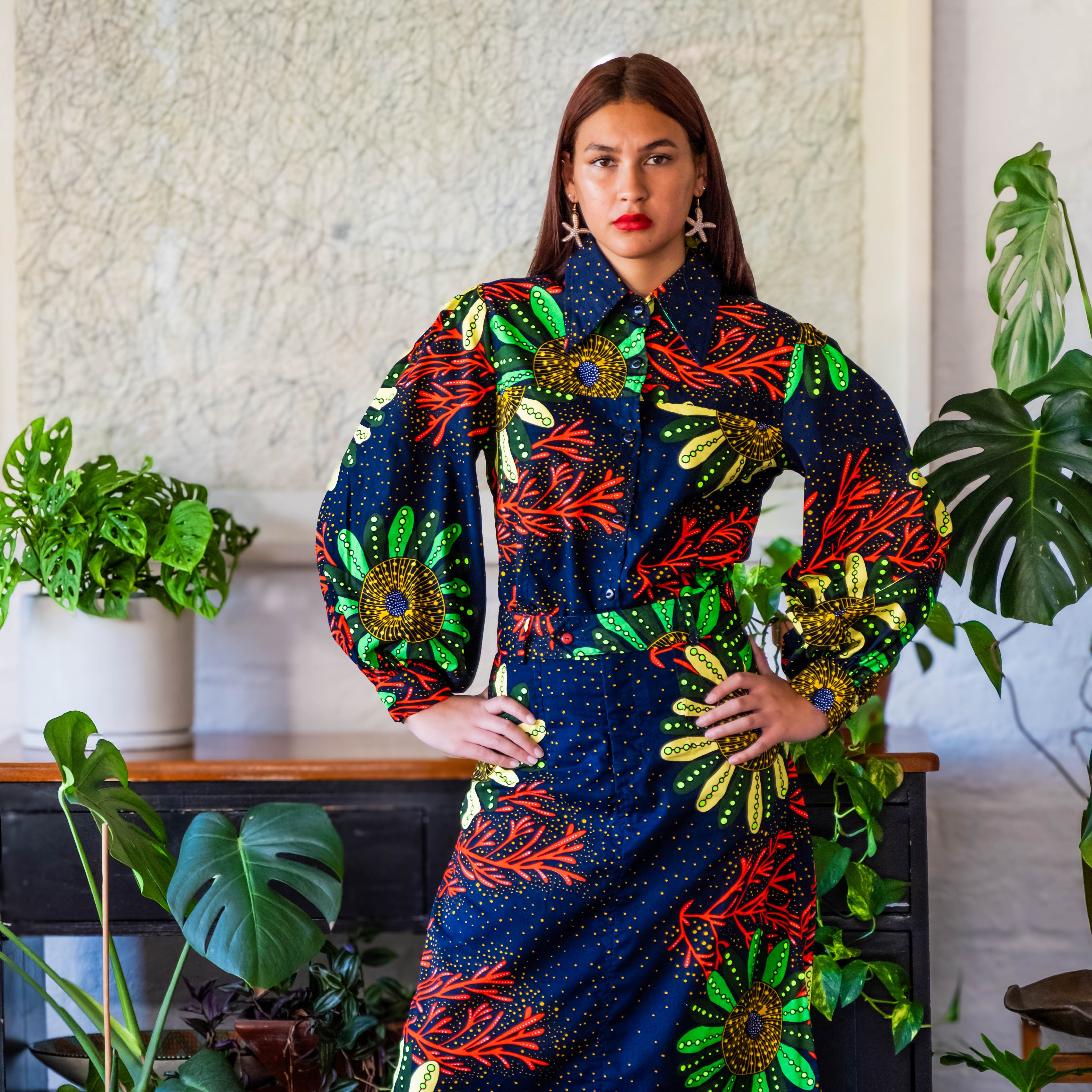 Coral Pattern Boho Balloon Sleeve Shirt