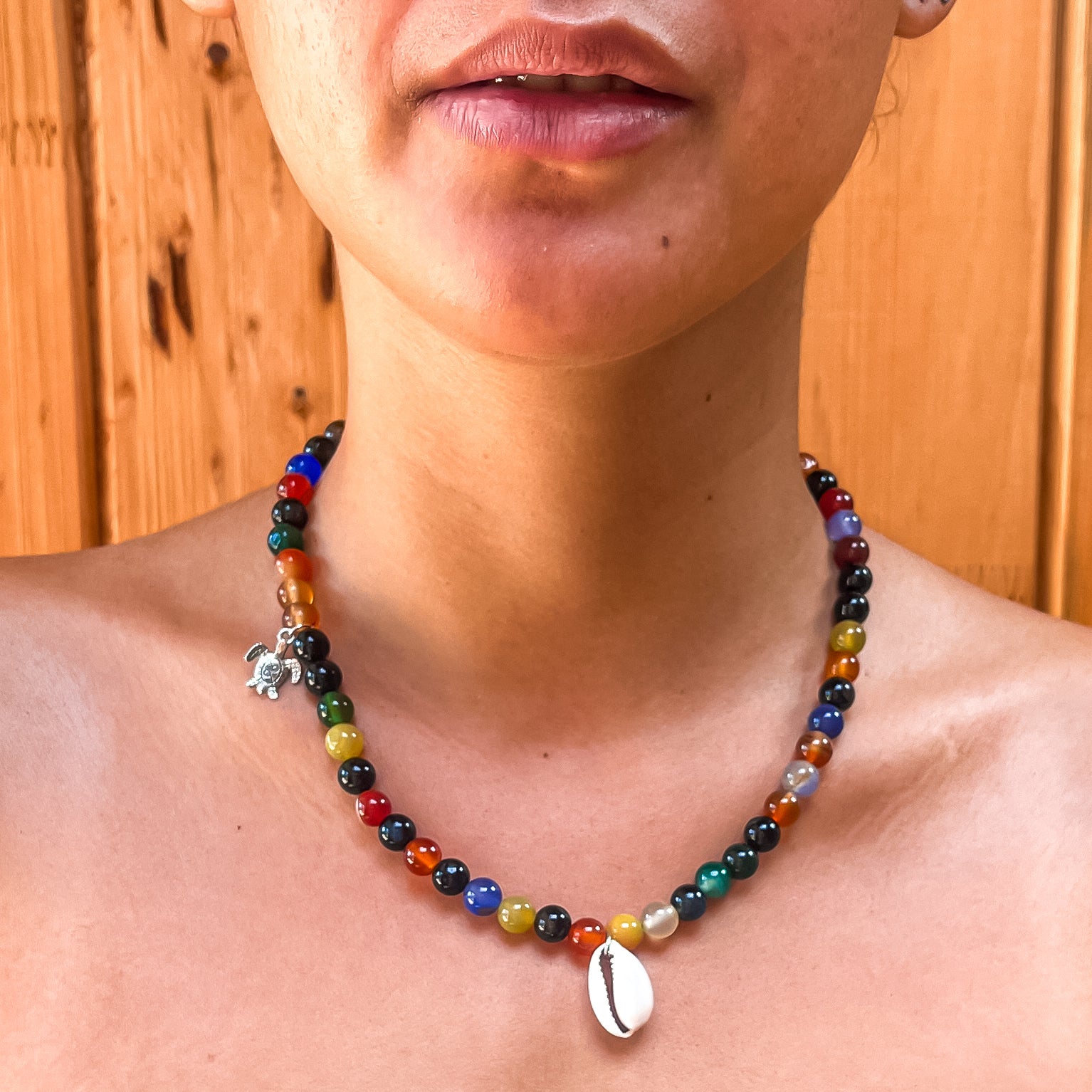 Multicolour glass bead and cowry Necklace