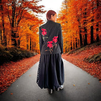 Boho Black Pin Striped Blazer with Floral Applique