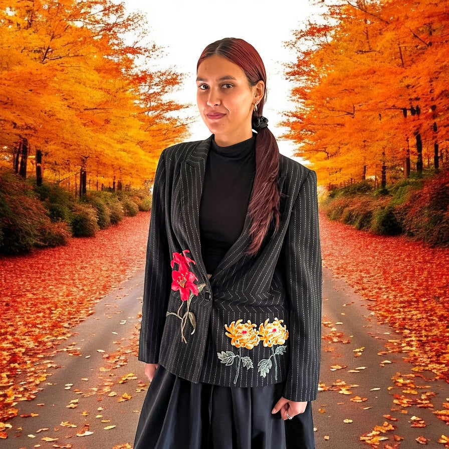 Boho Black Pin Striped Blazer with Floral Applique