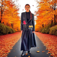 Boho Black Pin Striped Blazer with Floral Applique