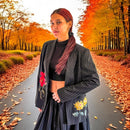 Boho Black Pin Striped Blazer with Floral Applique