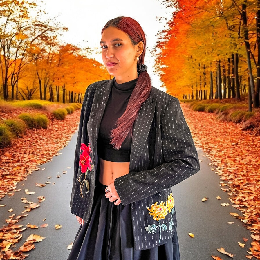 Boho Black Pin Striped Blazer with Floral Applique