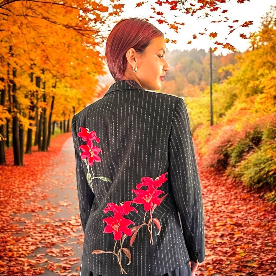 Boho Black Pin Striped Blazer with Floral Applique