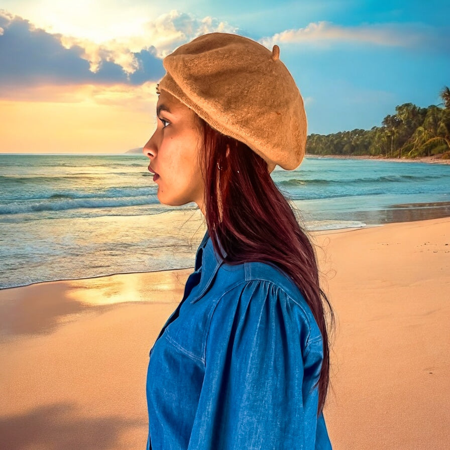 Vintage-Inspired Beige Pure Wool Beret