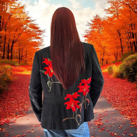 Boho Black Pin Striped Blazer with Floral Applique