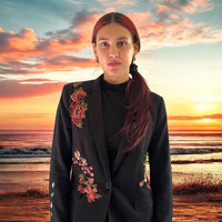 Boho Black Blazer with Rose Blossoms and Gold Detailing