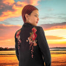 Boho Black Blazer with Rose Blossoms and Gold Detailing