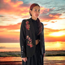 Boho Black Blazer with Rose Blossoms and Gold Detailing