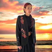 Boho Black Blazer with Rose Blossoms and Gold Detailing