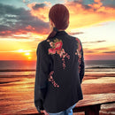 Boho Black Blazer with Rose Blossoms and Gold Detailing