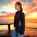 Boho Black Blazer with Rose Blossoms and Gold Detailing