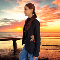 Boho Black Blazer with Rose Blossoms and Gold Detailing