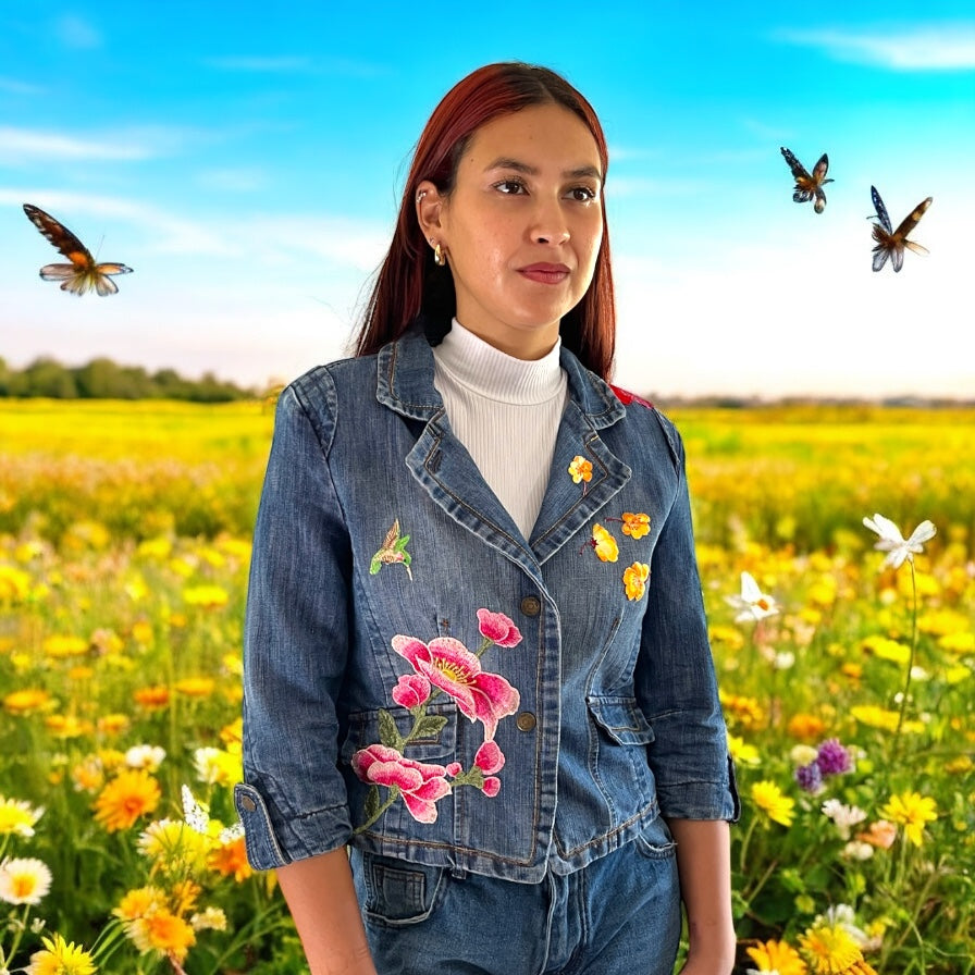 Boho Cropped Denim Jacket with Floral Applique