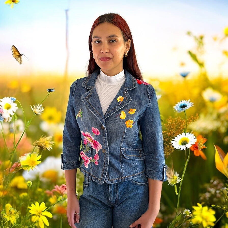 Boho Cropped Denim Jacket with Floral Applique