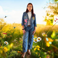 Boho Cropped Denim Jacket with Floral Applique