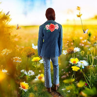 Boho Vintage Jean Blazer with Floral Applique