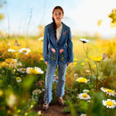 Boho Vintage Jean Blazer with Floral Applique