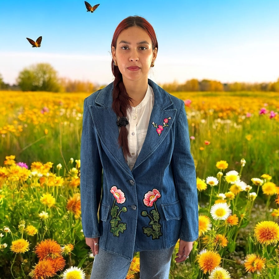 Boho Vintage Jean Blazer with Floral Applique