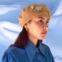 Vintage-Inspired Beige Pure Wool Beret