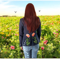 Boho Navy Tailored Blazer with Pink Floral Applique