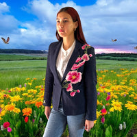 Boho Navy Tailored Blazer with Pink Floral Applique
