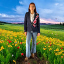 Boho Navy Tailored Blazer with Pink Floral Applique