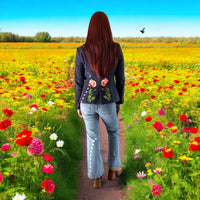 Boho Navy Tailored Blazer with Pink Floral Applique