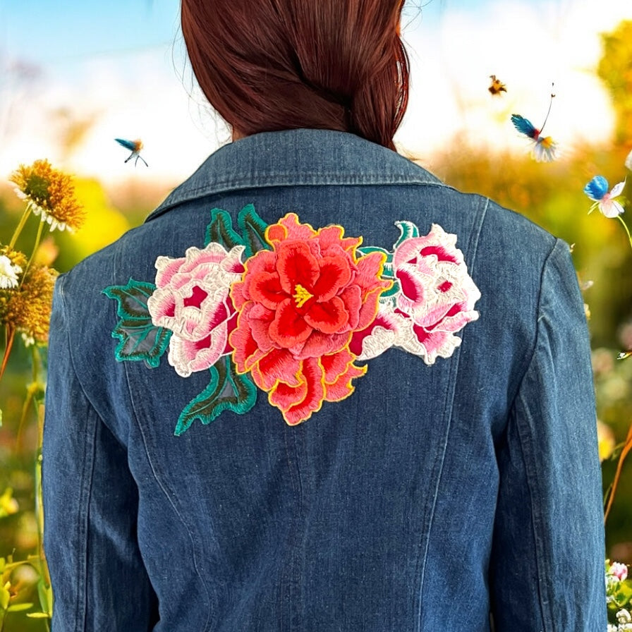Boho Vintage Jean Blazer with Floral Applique