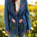 Boho Vintage Jean Blazer with Floral Applique
