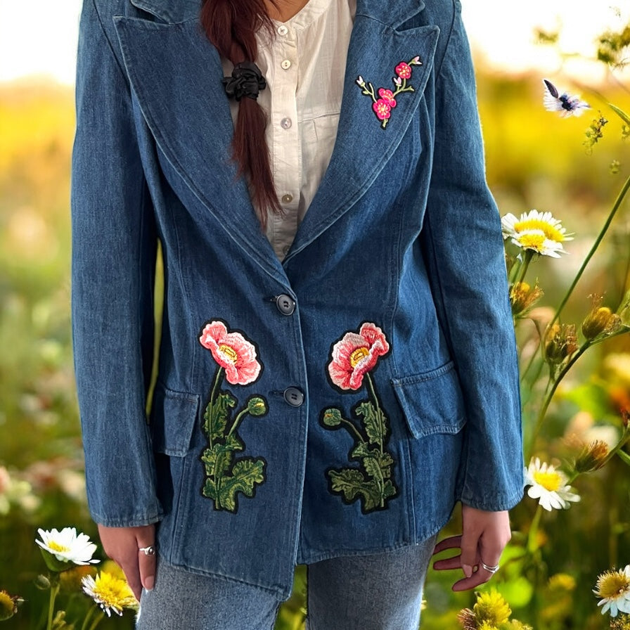 Boho Vintage Jean Blazer with Floral Applique