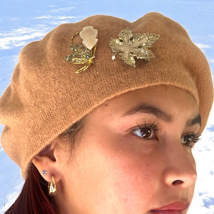Vintage-Inspired Beige Pure Wool Beret