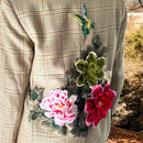 Boho Upcycled Houndstooth Blazer with Flower Posey Applique