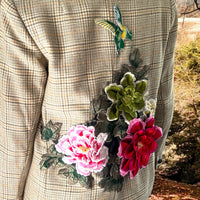Boho Upcycled Houndstooth Blazer with Flower Posey Applique