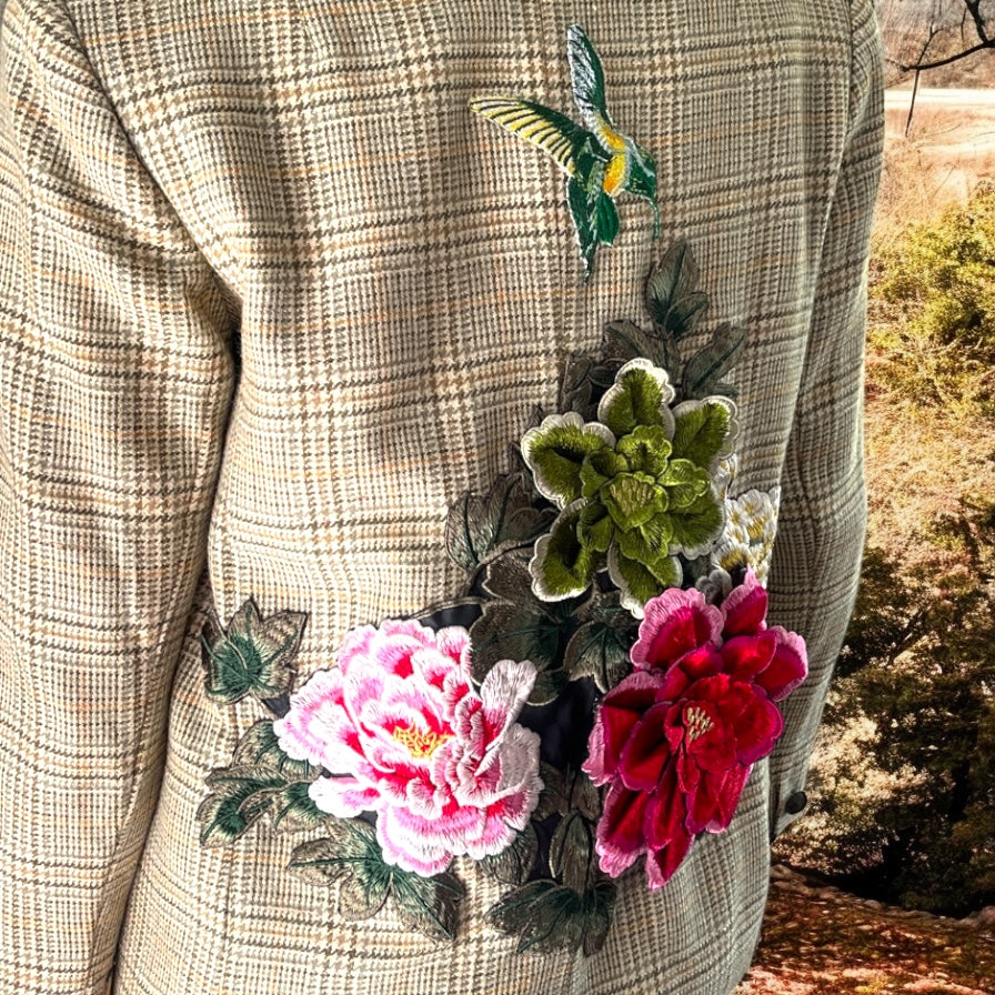 Boho Upcycled Houndstooth Blazer with Flower Posey Applique