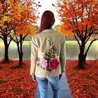 Boho Upcycled Houndstooth Blazer with Flower Posey Applique