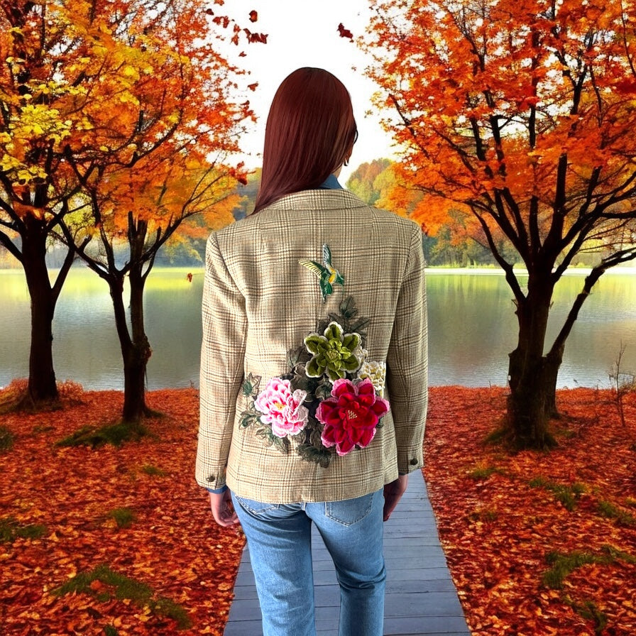 Boho Upcycled Houndstooth Blazer with Flower Posey Applique