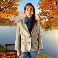 Boho Upcycled Houndstooth Blazer with Flower Posey Applique