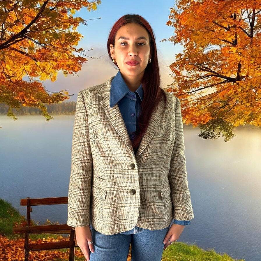 Boho Upcycled Houndstooth Blazer with Flower Posey Applique