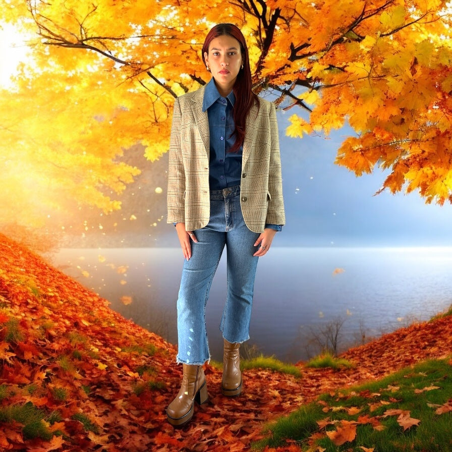 Boho Upcycled Houndstooth Blazer with Flower Posey Applique