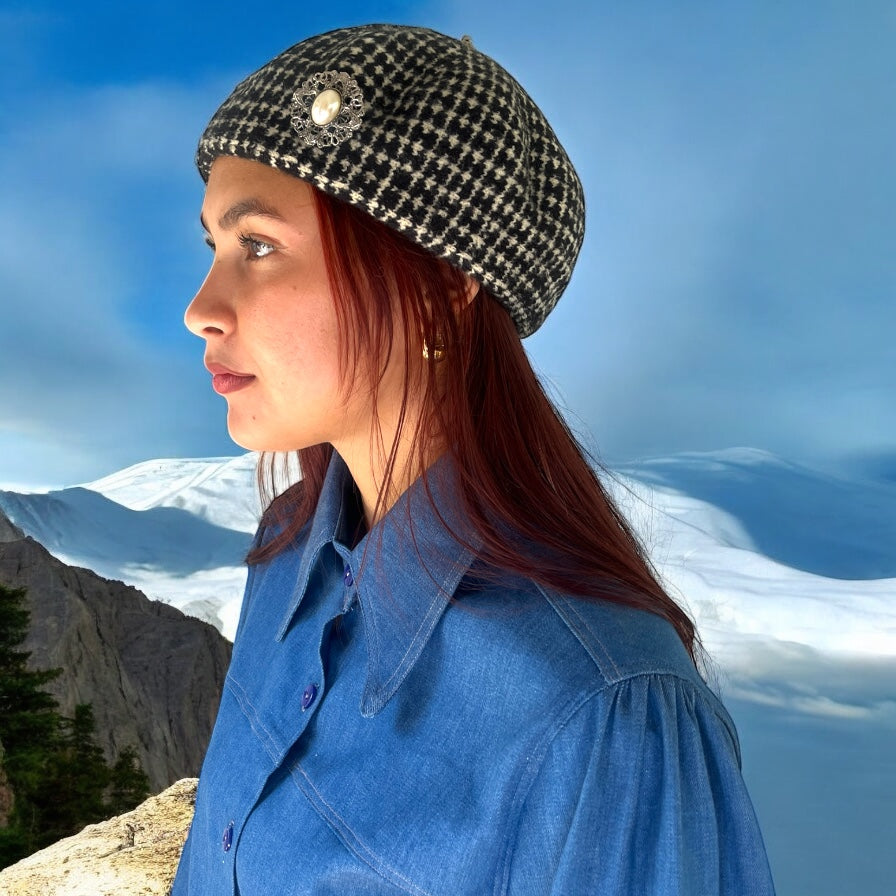 Black and White Vintage-Inspired Pure Wool Beret