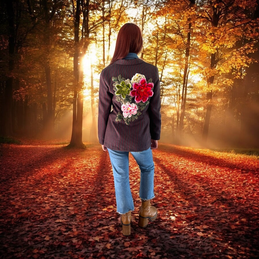 Boho Striped Vintage  Blazer with Floral Applique