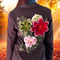 Boho Striped Vintage  Blazer with Floral Applique