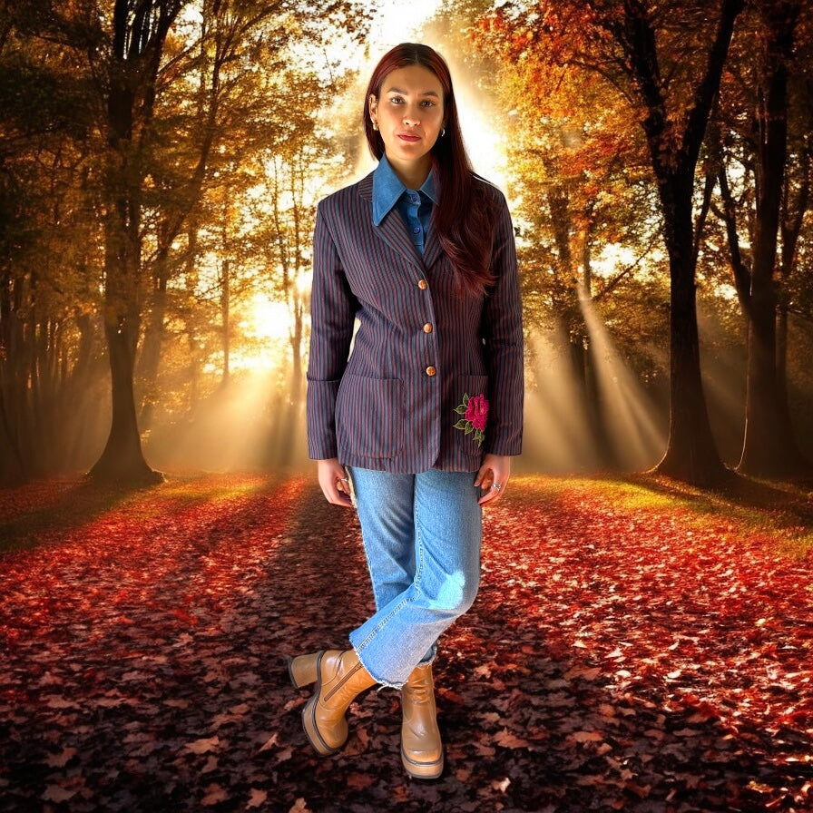 Boho Striped Vintage  Blazer with Floral Applique