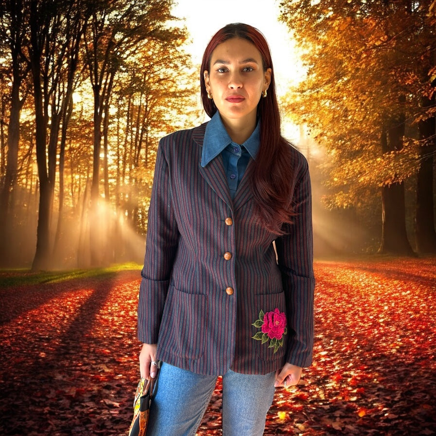 Boho Striped Vintage  Blazer with Floral Applique