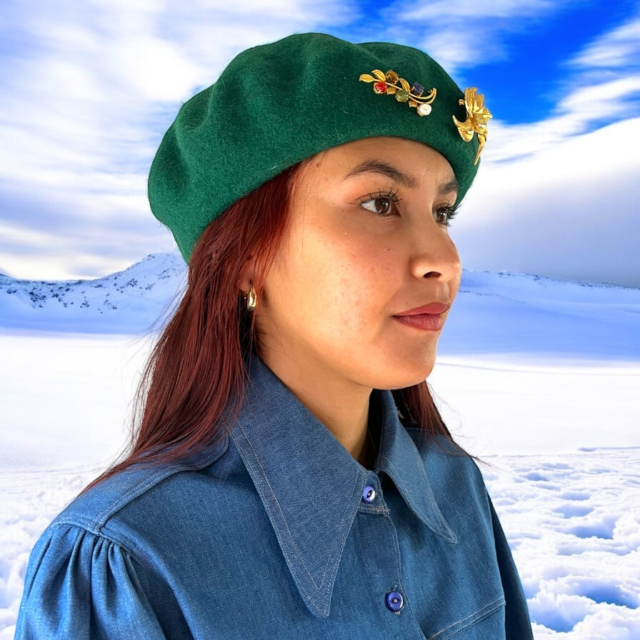 Vintage Inspired Green Pure Wool Beret