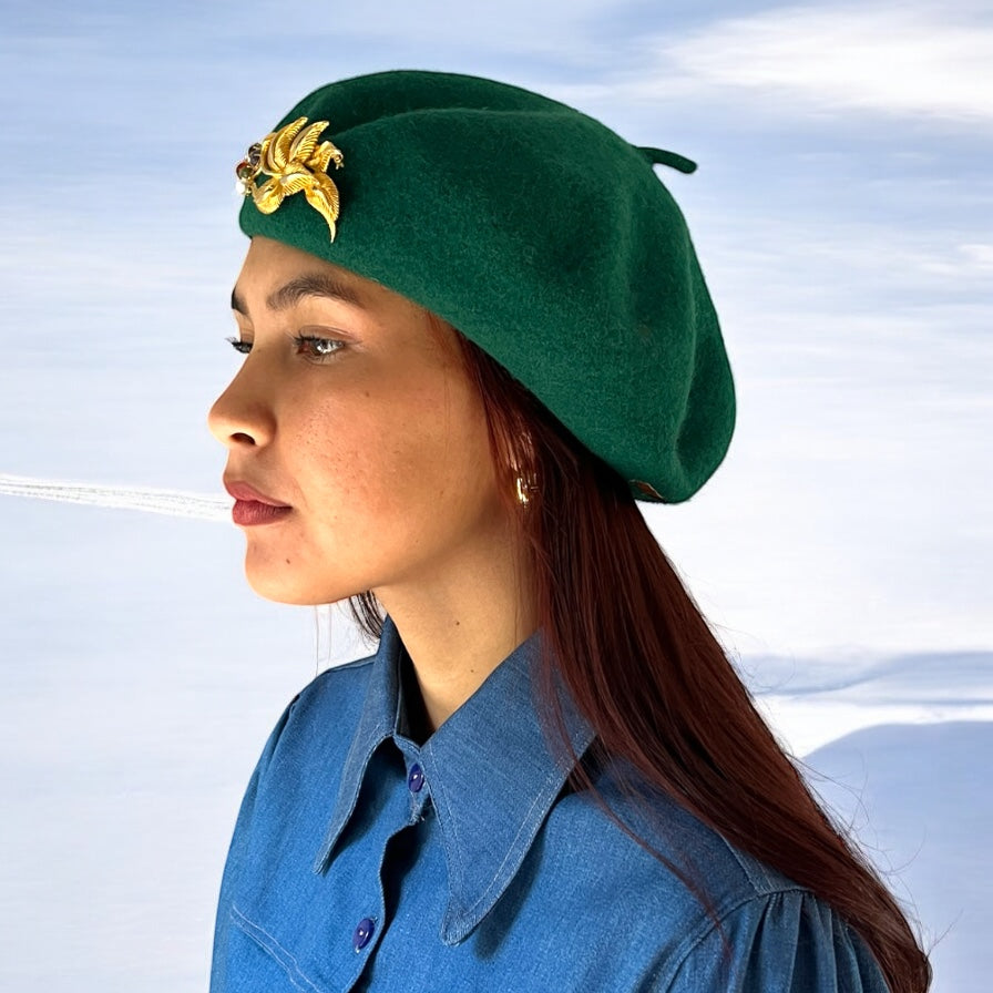 Vintage Inspired Green Pure Wool Beret
