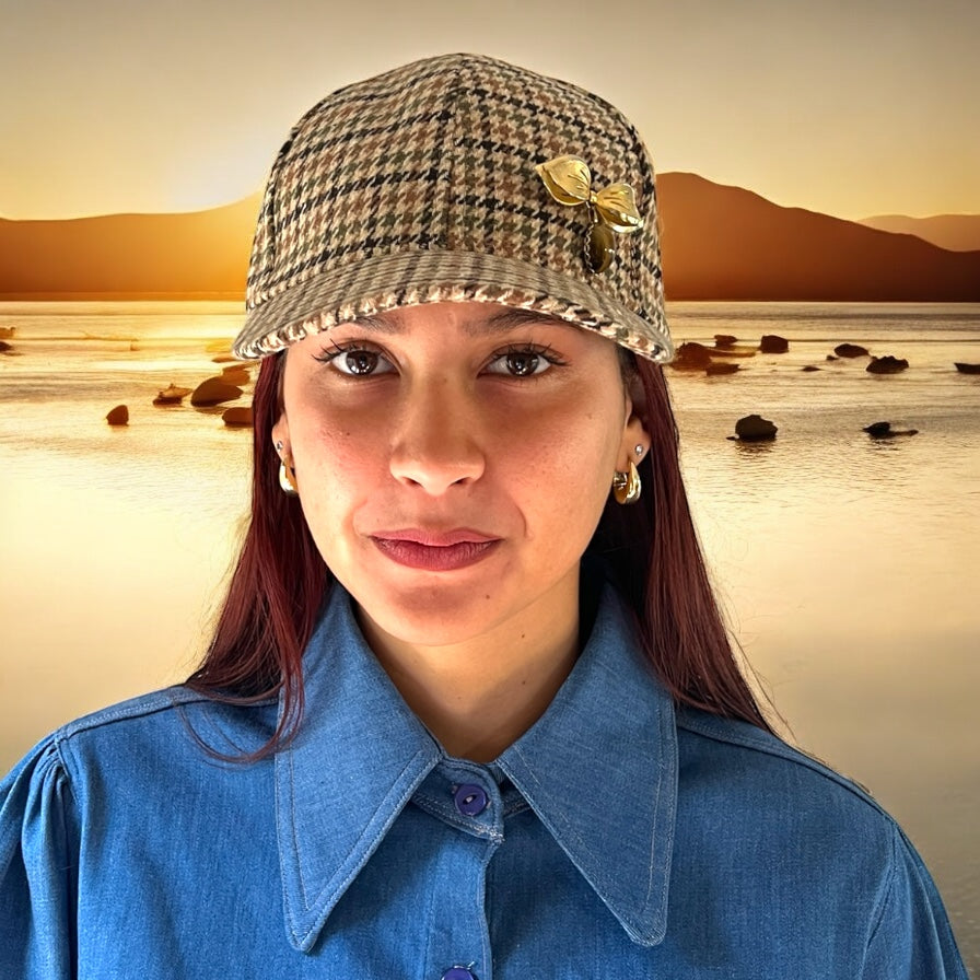 Vintage-Inspired Brown Corduroy Winter Cap with Gold Bow Tie Charm