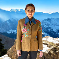 Boho Tweed Vintage Coat with Climbing Rose Applique